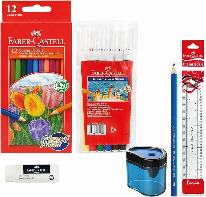 FABER CASTELL Stationery Kit, Colour pencils 12+ Colour pen 6+ Pencil+Ruler 15cm+Eraser+Sharpener - Al Kabayel Discount CentreFABER CASTELL Stationery Kit, Colour pencils 12+ Colour pen 6+ Pencil+Ruler 15cm+Eraser+SharpenerPens, Pencils & MarkersFABER CASTELLAl Kabayel Discount Centre