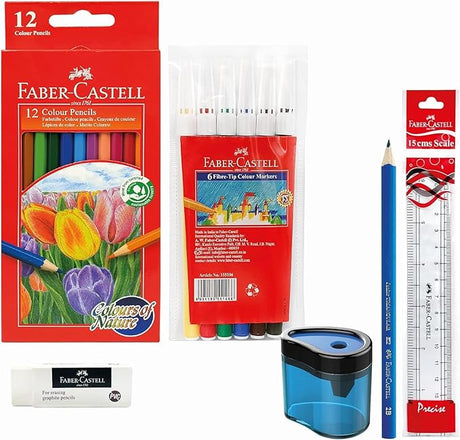 FABER CASTELL Stationery Kit, Colour pencils 12+ Colour pen 6+ Pencil+Ruler 15cm+Eraser+Sharpener - Al Kabayel Discount CentreFABER CASTELL Stationery Kit, Colour pencils 12+ Colour pen 6+ Pencil+Ruler 15cm+Eraser+SharpenerPens, Pencils & MarkersFABER CASTELLAl Kabayel Discount Centre