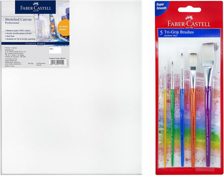 Faber - Castell Stretched Canvas 12 X 12 (30.48X30.48 - cm) 410gsm+ Grip Paint Brushes Round & Flat Combination 5pc (2,6,10, 8, 12) - Al Kabayel Discount CentreFaber - Castell Stretched Canvas 12 X 12 (30.48X30.48 - cm) 410gsm+ Grip Paint Brushes Round & Flat Combination 5pc (2,6,10, 8, 12)Paintbrushes & Painting ToolsFABER - CASTELLAl Kabayel Discount Centre