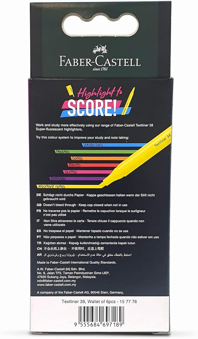Faber - Castell Textliner 38 Highlighter 6 - Pieces, Multicolor - Al Kabayel Discount CentreFaber - Castell Textliner 38 Highlighter 6 - Pieces, MulticolorPens, Pencils & MarkersFABER - CASTELLAl Kabayel Discount Centre