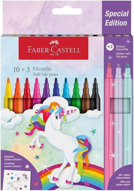 Faber-Castell Unicorn Special Edition Felt Tip Pens – 10 + 3 Glitter Colors - Al Kabayel Discount CentreFaber-Castell Unicorn Special Edition Felt Tip Pens – 10 + 3 Glitter ColorsColor PensFABER-CASTELLAl Kabayel Discount Centre