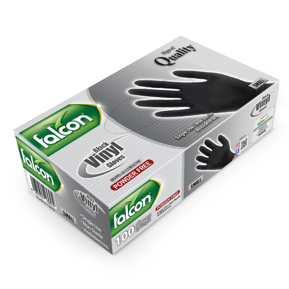 Falcon Powder Free Black Vinyl Gloves, Single Use - Non Sterile - Ambidextrous, 100 Gloves by Weight, Small - Al Kabayel Discount CentreFalcon Powder Free Black Vinyl Gloves, Single Use - Non Sterile - Ambidextrous, 100 Gloves by Weight, SmallDisposablesFALCONAl Kabayel Discount Centre