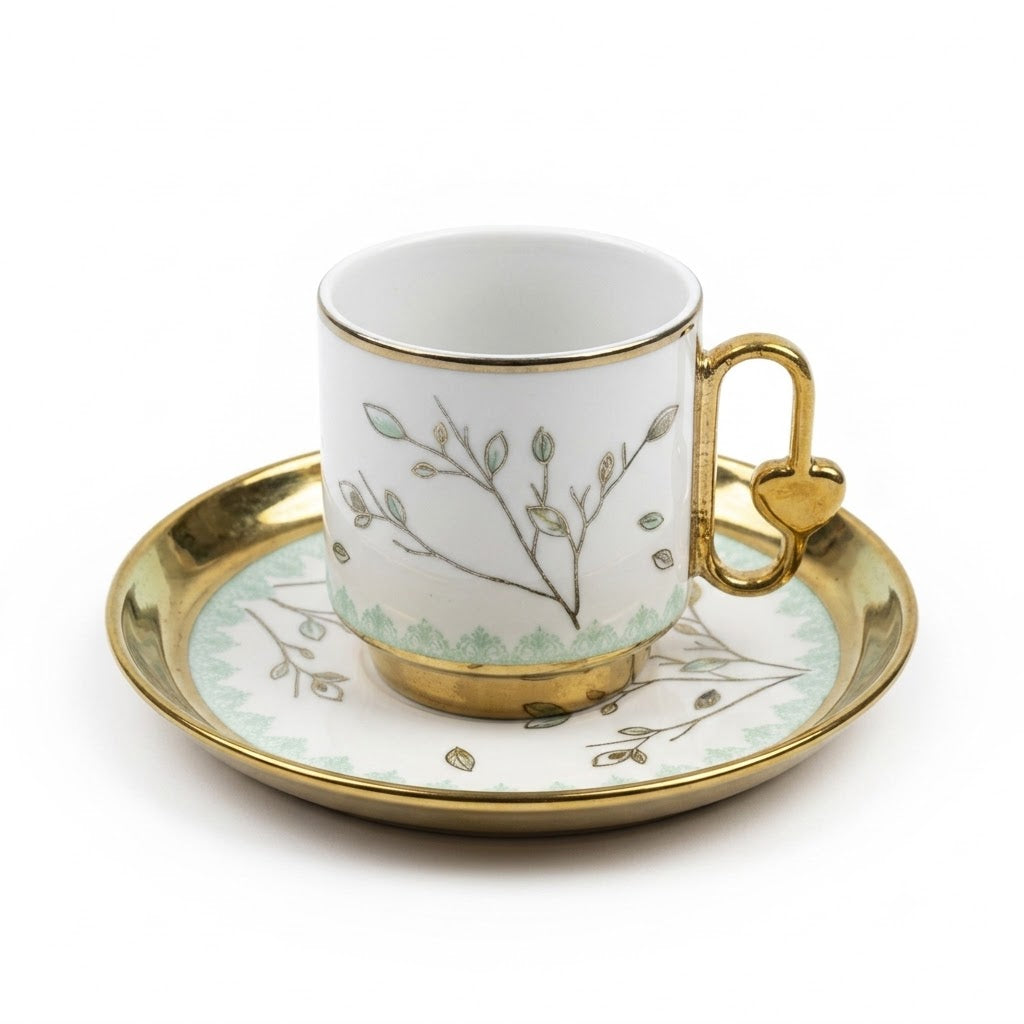 12PCS Ceramic Cup & Saucer Set – 6 Cups & 6 Saucers | Gold & Mint Green Floral Design