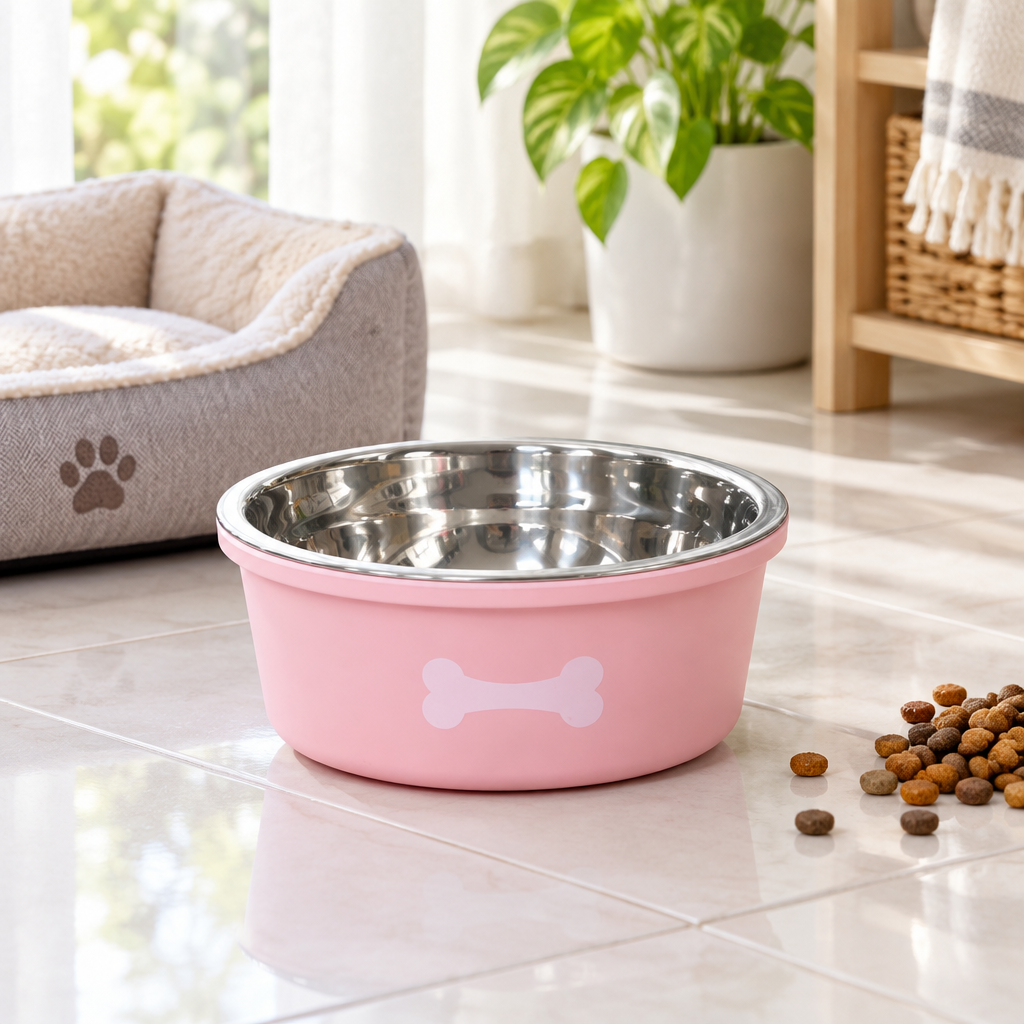 Silicone and Stainless Steel Pet Feeding Bowl Pink - 13.5cm