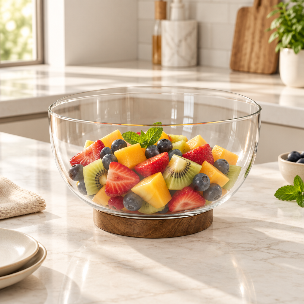 Danny Home Glass Salad Bowl with Wooden Base - 24cm