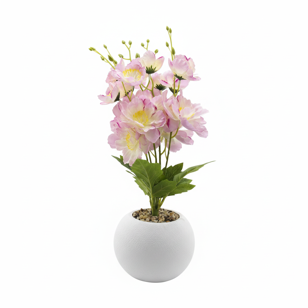 Artificial Flower Plant Pink with White Plastic Pot - 40cm