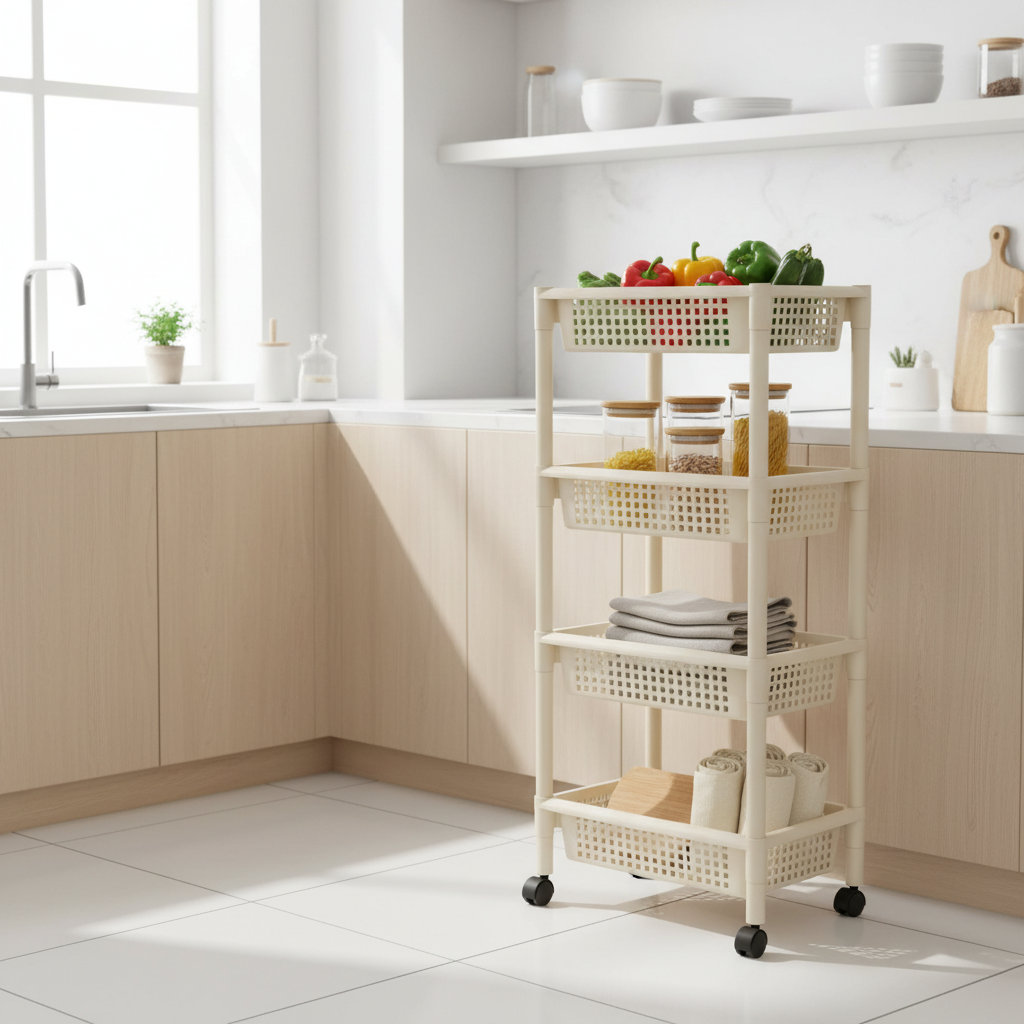Plastic 4-Tier Storage Rack with Wheels Cream – 100×45×30cm