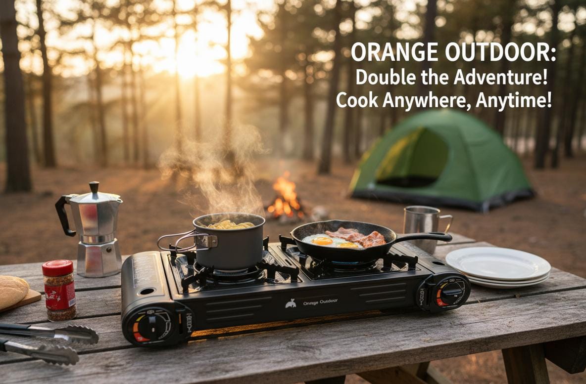 ORANGE OUTDOOR Double Burner Portable Gas Stove 60×26×12 cm – Heavy Duty Camping Cooker for Outdoor Travel & BBQ
