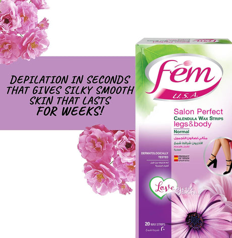 FEM USA Body Wax Strips, Enriched With Calendula, For Normal Skin - 20 Strips With Post - Wax Skin Wipes - Al Kabayel Discount CentreFEM USA Body Wax Strips, Enriched With Calendula, For Normal Skin - 20 Strips With Post - Wax Skin WipesSkin CareFEMAl Kabayel Discount Centre