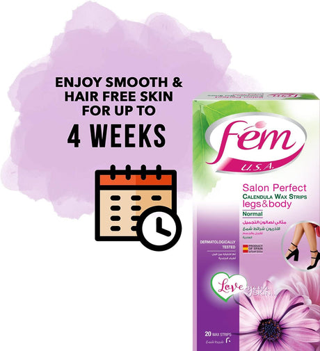 FEM USA Body Wax Strips, Enriched With Calendula, For Normal Skin - 20 Strips With Post - Wax Skin Wipes - Al Kabayel Discount CentreFEM USA Body Wax Strips, Enriched With Calendula, For Normal Skin - 20 Strips With Post - Wax Skin WipesSkin CareFEMAl Kabayel Discount Centre