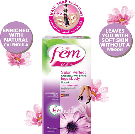 FEM USA Body Wax Strips, Enriched With Calendula, For Normal Skin - 20 Strips With Post - Wax Skin Wipes - Al Kabayel Discount CentreFEM USA Body Wax Strips, Enriched With Calendula, For Normal Skin - 20 Strips With Post - Wax Skin WipesSkin CareFEMAl Kabayel Discount Centre