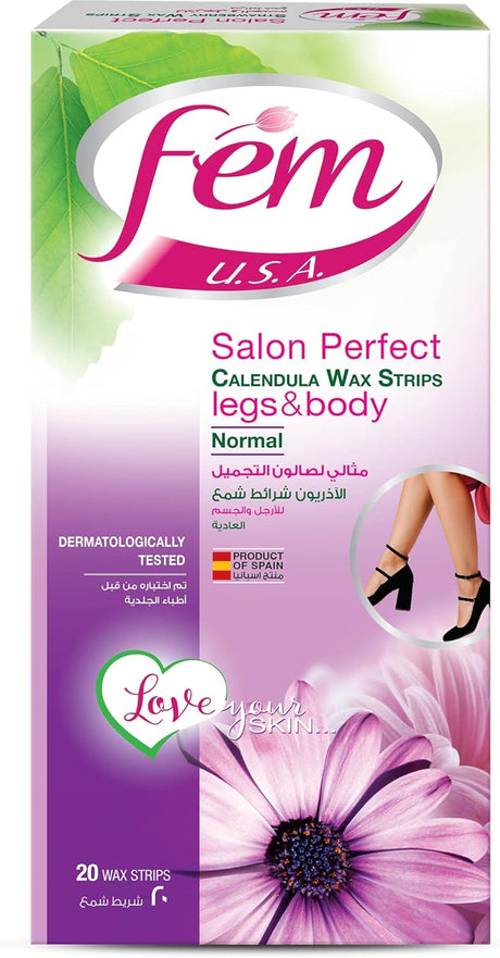 FEM USA Body Wax Strips, Enriched With Calendula, For Normal Skin - 20 Strips With Post - Wax Skin Wipes - Al Kabayel Discount CentreFEM USA Body Wax Strips, Enriched With Calendula, For Normal Skin - 20 Strips With Post - Wax Skin WipesSkin CareFEMAl Kabayel Discount Centre