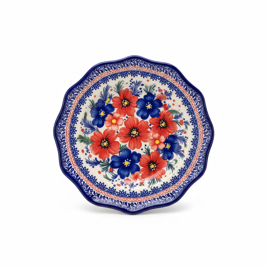 New East Sun Ceramic Dessert Plate Blue & Red Floral Design - 9.2 Inch
