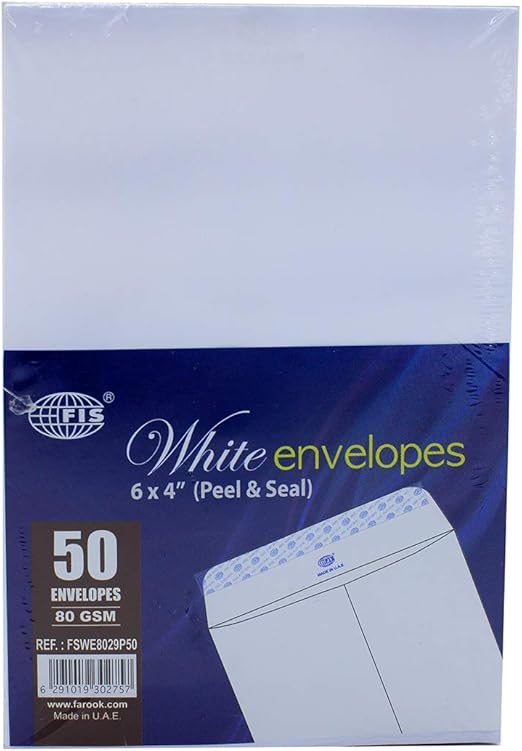 FIS White Envelopes 6x4" 50pcs Peel&Seal - Al Kabayel Discount CentreFIS White Envelopes 6x4" 50pcs Peel&SealEnvelopes & Mailing SuppliesFISAl Kabayel Discount Centre