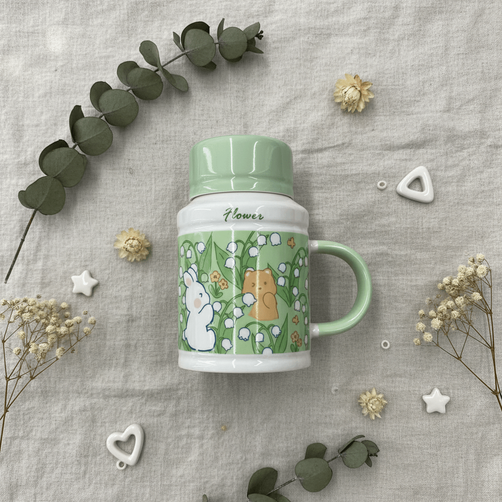 Flower Ceramic Mug with Lid | 400ml | Sage Green & White | Cute Bunny & Bear Design - Al Kabayel Discount CentreFlower Ceramic Mug with Lid | 400ml | Sage Green & White | Cute Bunny & Bear DesignMugsAKDCAl Kabayel Discount Centre