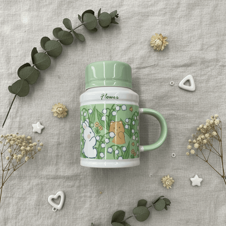 Flower Ceramic Mug with Lid | 400ml | Sage Green & White | Cute Bunny & Bear Design - Al Kabayel Discount CentreFlower Ceramic Mug with Lid | 400ml | Sage Green & White | Cute Bunny & Bear DesignMugsAKDCAl Kabayel Discount Centre