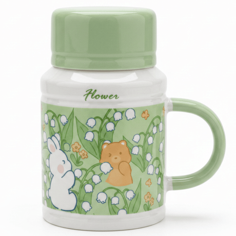 Flower Ceramic Mug with Lid | 400ml | Sage Green & White | Cute Bunny & Bear Design - Al Kabayel Discount CentreFlower Ceramic Mug with Lid | 400ml | Sage Green & White | Cute Bunny & Bear DesignMugsAKDCAl Kabayel Discount Centre