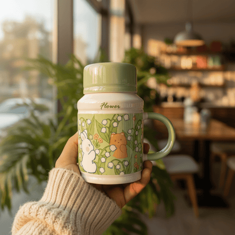 Flower Ceramic Mug with Lid | 400ml | Sage Green & White | Cute Bunny & Bear Design - Al Kabayel Discount CentreFlower Ceramic Mug with Lid | 400ml | Sage Green & White | Cute Bunny & Bear DesignMugsAKDCAl Kabayel Discount Centre