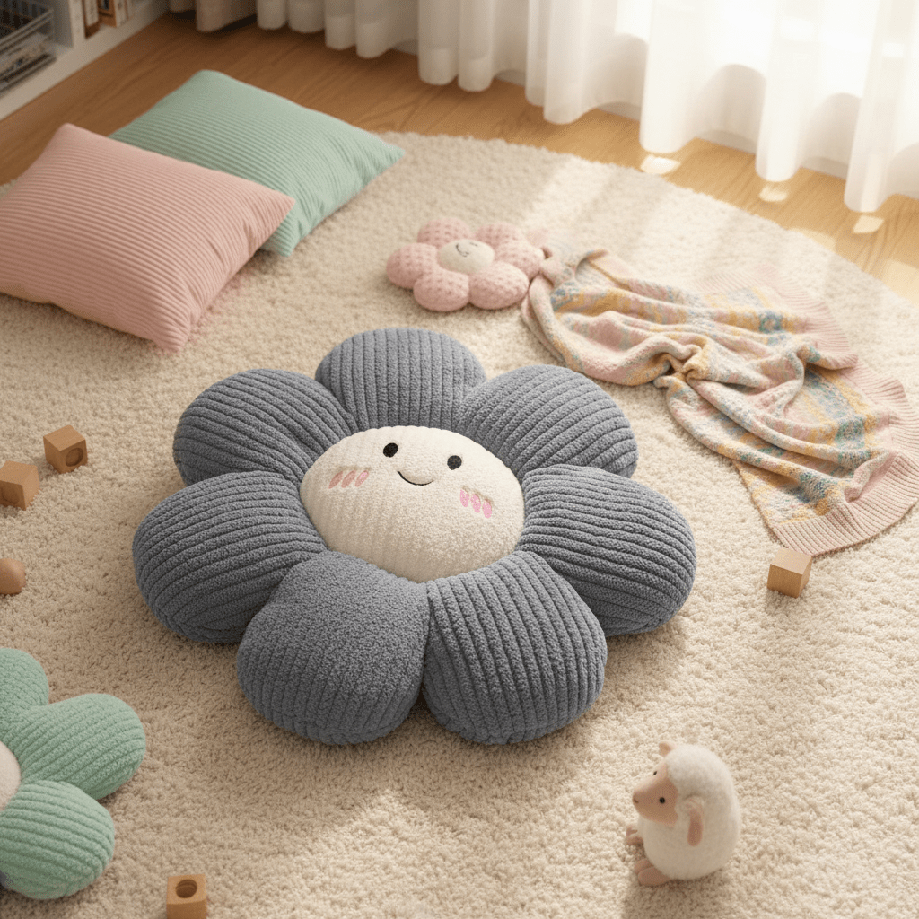 Flower Corduroy Smiley Face Cushion - 45×45cm - Grey / Sage Green / Purple - Al Kabayel Discount CentreFlower Corduroy Smiley Face Cushion - 45×45cm - Grey / Sage Green / PurpleFloor Pillows & CushionsAKDCAl Kabayel Discount Centre