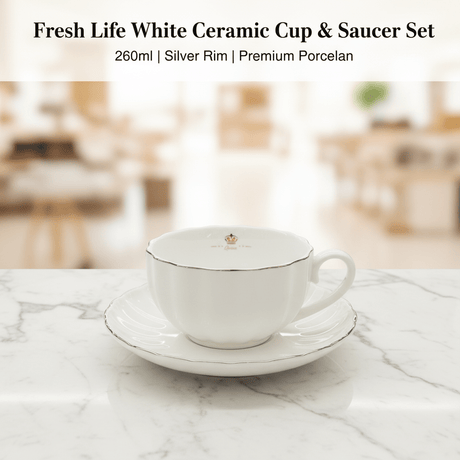 Fresh Life White Ceramic Cup & Saucer Set — 260ml - Al Kabayel Discount CentreFresh Life White Ceramic Cup & Saucer Set — 260mlMugsFRESH LIFEAl Kabayel Discount Centre