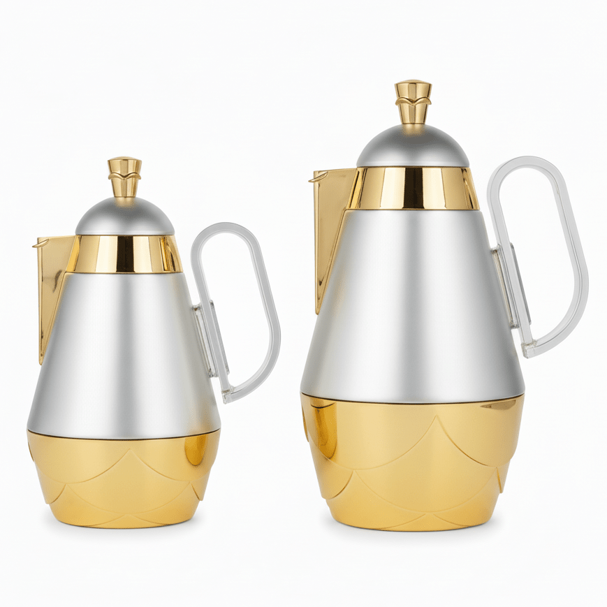 Fursan 2 - Piece Vacuum Flask Set – 0.7L & 1.0L Matte Silver with Gold Finish Thermal Coffee & Tea Flask - Al Kabayel Discount CentreFursan 2 - Piece Vacuum Flask Set – 0.7L & 1.0L Matte Silver with Gold Finish Thermal Coffee & Tea FlaskThermosFURSANAl Kabayel Discount Centre