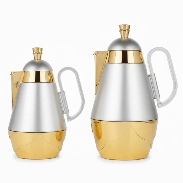 Fursan 2 - Piece Vacuum Flask Set – 0.7L & 1.0L Matte Silver with Gold Finish Thermal Coffee & Tea Flask - Al Kabayel Discount CentreFursan 2 - Piece Vacuum Flask Set – 0.7L & 1.0L Matte Silver with Gold Finish Thermal Coffee & Tea FlaskThermosFURSANAl Kabayel Discount Centre