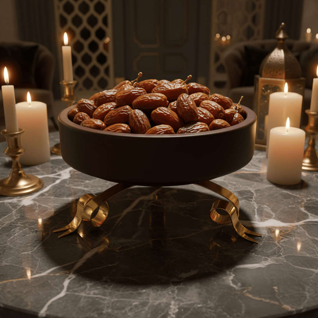 Fursan Dark Brown Wooden Dates Bowl with Gold Metal Base - 25×15 cm - Al Kabayel Discount CentreFursan Dark Brown Wooden Dates Bowl with Gold Metal Base - 25×15 cmServing TraysFURSANAl Kabayel Discount Centre