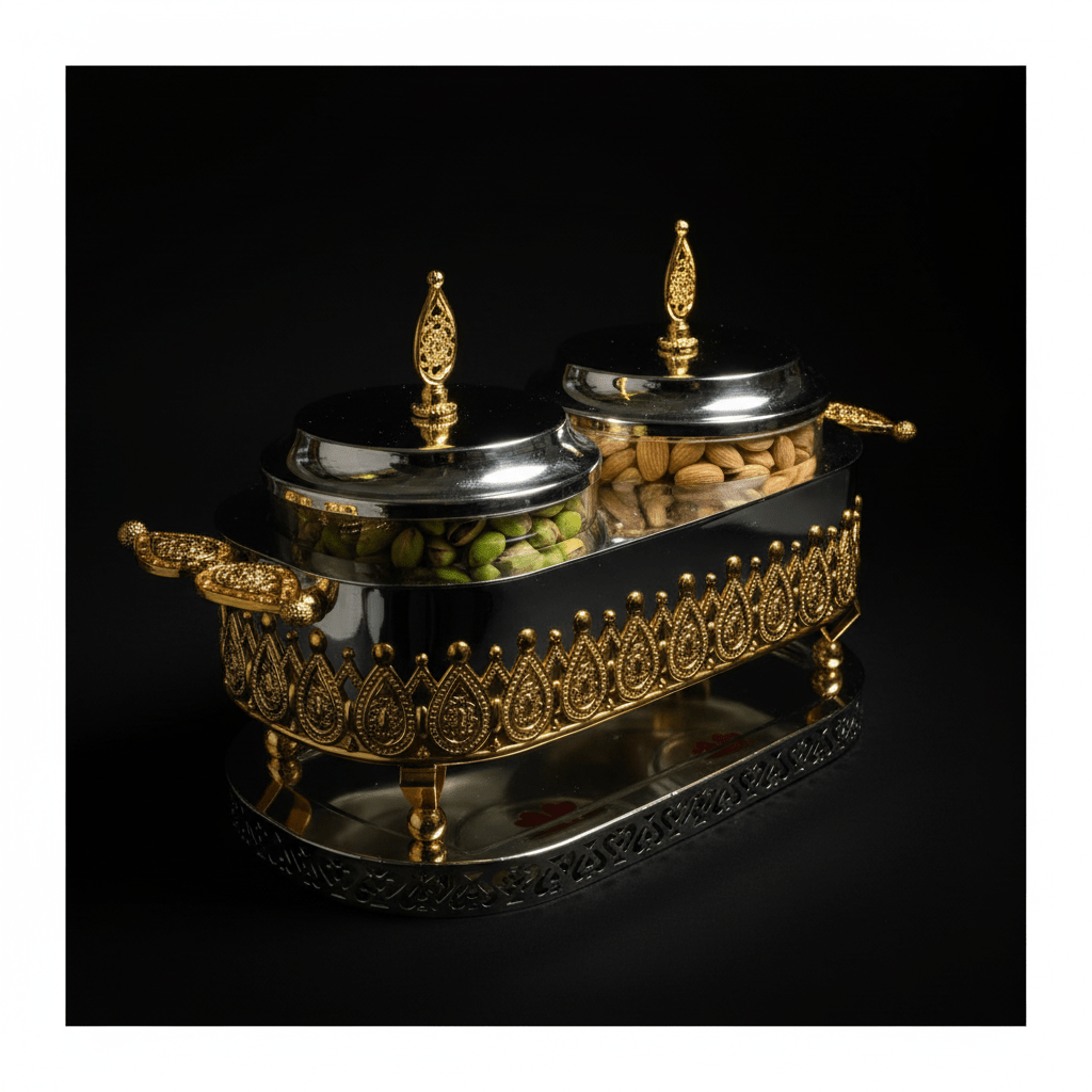 Fursan Luxury 2 - Piece Glass Candy Pot Set with Gold & Silver Metal Holder and Decorative Lids – Elegant Serving Jars for Chocolates Nuts and Dry Fruits 25×16 cm - Al Kabayel Discount CentreFursan Luxury 2 - Piece Glass Candy Pot Set with Gold & Silver Metal Holder and Decorative Lids – Elegant Serving Jars for Chocolates Nuts and Dry Fruits 25×16 cmJars & Food SaversFURSANAl Kabayel Discount Centre