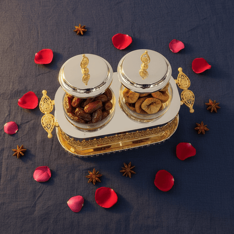 Fursan Luxury 2 - Piece Glass Candy Pot Set with Gold & Silver Metal Holder and Decorative Lids – Elegant Serving Jars for Chocolates Nuts and Dry Fruits 25×16 cm - Al Kabayel Discount CentreFursan Luxury 2 - Piece Glass Candy Pot Set with Gold & Silver Metal Holder and Decorative Lids – Elegant Serving Jars for Chocolates Nuts and Dry Fruits 25×16 cmJars & Food SaversFURSANAl Kabayel Discount Centre