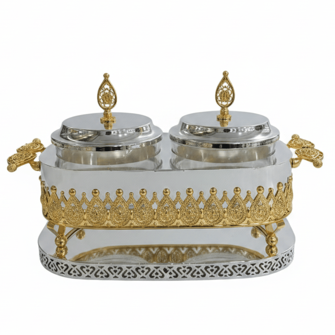 Fursan Luxury 2 - Piece Glass Candy Pot Set with Gold & Silver Metal Holder and Decorative Lids – Elegant Serving Jars for Chocolates Nuts and Dry Fruits 25×16 cm - Al Kabayel Discount CentreFursan Luxury 2 - Piece Glass Candy Pot Set with Gold & Silver Metal Holder and Decorative Lids – Elegant Serving Jars for Chocolates Nuts and Dry Fruits 25×16 cmJars & Food SaversFURSANAl Kabayel Discount Centre