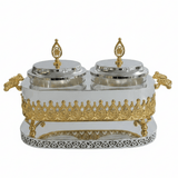 Fursan Luxury 2 - Piece Glass Candy Pot Set with Gold & Silver Metal Holder and Decorative Lids – Elegant Serving Jars for Chocolates Nuts and Dry Fruits 25×16 cm - Al Kabayel Discount CentreFursan Luxury 2 - Piece Glass Candy Pot Set with Gold & Silver Metal Holder and Decorative Lids – Elegant Serving Jars for Chocolates Nuts and Dry Fruits 25×16 cmJars & Food SaversFURSANAl Kabayel Discount Centre