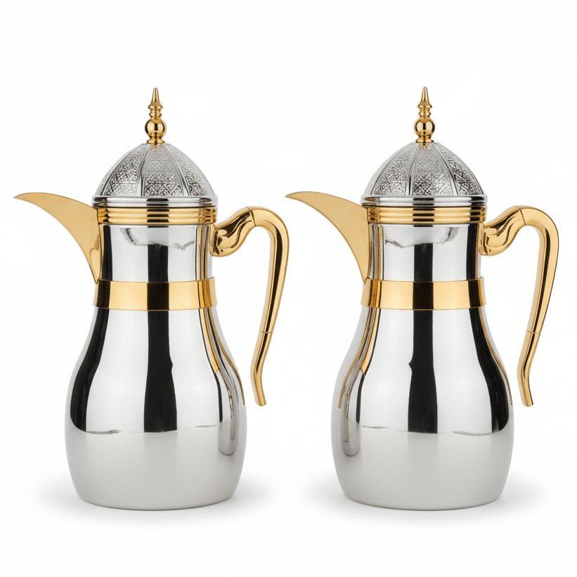 Fursan Luxury Insulated Vacuum Flask Duo Set (2 × 1 Liter) – Elegant Silver Body with Gold Detailing, Durable Construction for Home, Office & Events - Al Kabayel Discount CentreFursan Luxury Insulated Vacuum Flask Duo Set (2 × 1 Liter) – Elegant Silver Body with Gold Detailing, Durable Construction for Home, Office & EventsFURSANAl Kabayel Discount Centre