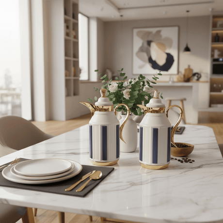 Fursan Premium 2 - Piece Vacuum Flask Set 1+1L White & Gold with Blue Accent Model 1 - Al Kabayel Discount CentreFursan Premium 2 - Piece Vacuum Flask Set 1+1L White & Gold with Blue Accent Model 1ThermosFURSANAl Kabayel Discount Centre