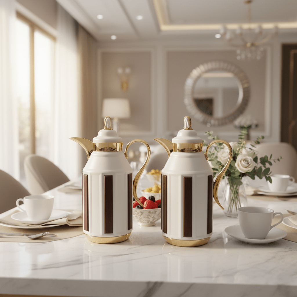 Fursan Premium 2 - Piece Vacuum Flask Set 1+1L White & Gold with Brown Accent Model 1 - Al Kabayel Discount CentreFursan Premium 2 - Piece Vacuum Flask Set 1+1L White & Gold with Brown Accent Model 1ThermosFURSANAl Kabayel Discount Centre