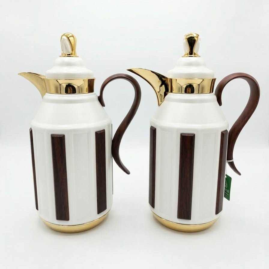 Fursan Premium 2 - Piece Vacuum Flask Set 1+1L White & Gold with Brown Accent Model 2 - Al Kabayel Discount CentreFursan Premium 2 - Piece Vacuum Flask Set 1+1L White & Gold with Brown Accent Model 2ThermosFURSANAl Kabayel Discount Centre