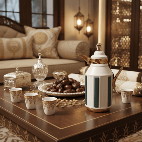 Fursan Premium 2 - Piece Vacuum Flask Set 1+1L White & Gold with Green Accent Model 1 - Al Kabayel Discount CentreFursan Premium 2 - Piece Vacuum Flask Set 1+1L White & Gold with Green Accent Model 1ThermosFURSANAl Kabayel Discount Centre