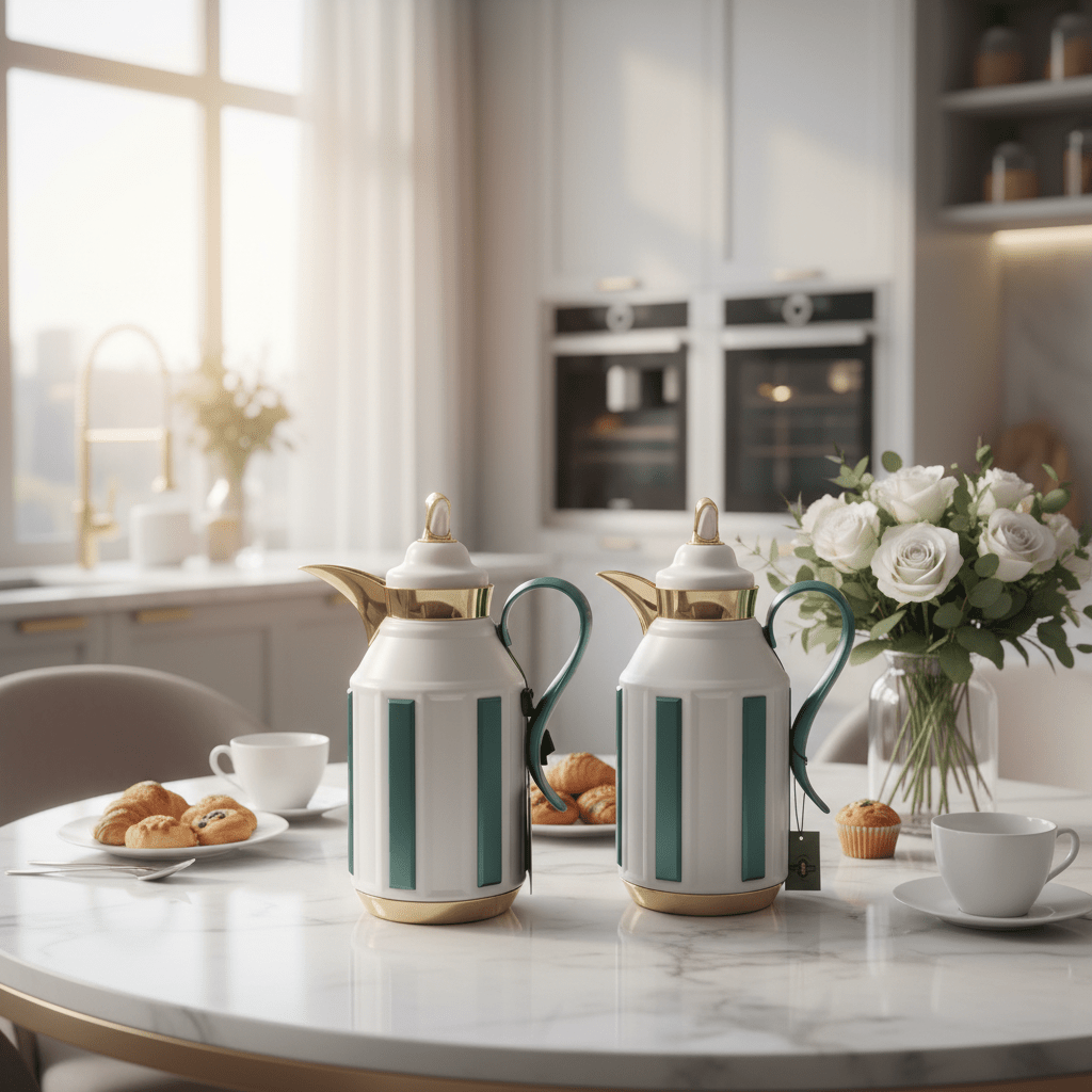 Fursan Premium 2 - Piece Vacuum Flask Set 1+1L White & Gold with Green Accent Model 2 - Al Kabayel Discount CentreFursan Premium 2 - Piece Vacuum Flask Set 1+1L White & Gold with Green Accent Model 2ThermosFURSANAl Kabayel Discount Centre