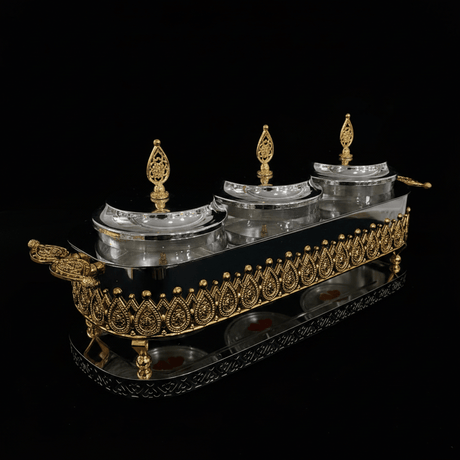 Fursan Premium 3 - Piece Glass Candy Jar Set with Gold & Silver Metal Stand and Elegant Decorative Lids for Candy Dates Chocolates and Snacks 40×16 cm - Al Kabayel Discount CentreFursan Premium 3 - Piece Glass Candy Jar Set with Gold & Silver Metal Stand and Elegant Decorative Lids for Candy Dates Chocolates and Snacks 40×16 cmJars & Food SaversFURSANAl Kabayel Discount Centre