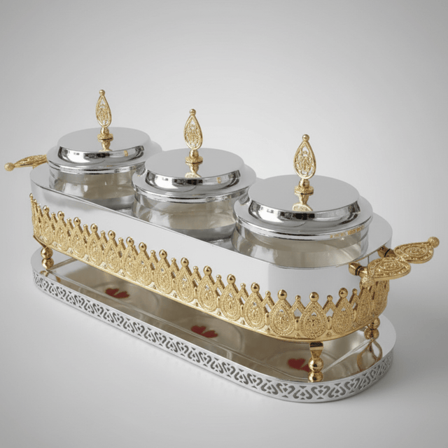 Fursan Premium 3 - Piece Glass Candy Jar Set with Gold & Silver Metal Stand and Elegant Decorative Lids for Candy Dates Chocolates and Snacks 40×16 cm - Al Kabayel Discount CentreFursan Premium 3 - Piece Glass Candy Jar Set with Gold & Silver Metal Stand and Elegant Decorative Lids for Candy Dates Chocolates and Snacks 40×16 cmJars & Food SaversFURSANAl Kabayel Discount Centre