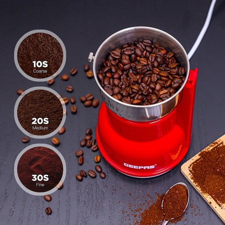 Geepas 150W Electric Coffee Grinder - Stainless Steel Blade |Stainless Steel Cup for Grinding, GCG5440 Overheat Protection | Removable Steel Bowl - Al Kabayel Discount CentreGeepas 150W Electric Coffee Grinder - Stainless Steel Blade |Stainless Steel Cup for Grinding, GCG5440 Overheat Protection | Removable Steel BowlBlenders, Mixers & Food ProcessorsGEEPASAl Kabayel Discount Centre