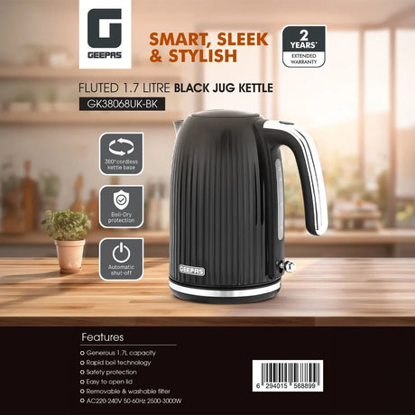 Geepas 1.7L Fluted Black Jug Kettle GK38068UK-BK - 3000W Rapid Boil - Al Kabayel Discount CentreGeepas 1.7L Fluted Black Jug Kettle GK38068UK-BK - 3000W Rapid BoilElectric KettlesGEEPASAl Kabayel Discount Centre