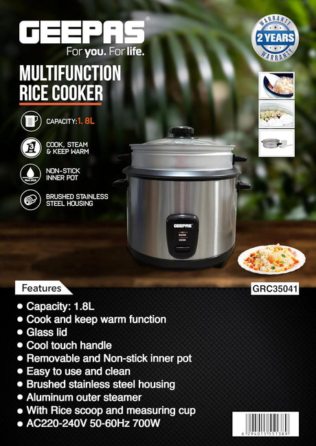 Geepas 1.8 L Multifunctional Rice Cooker - GRC35041| Durable Construction with Removable and Non - Stick Inner Pot with Cool Touch Handle|Aluminum Outer Steamer and Measuring Cup - Al Kabayel Discount CentreGeepas 1.8 L Multifunctional Rice Cooker - GRC35041| Durable Construction with Removable and Non - Stick Inner Pot with Cool Touch Handle|Aluminum Outer Steamer and Measuring CupRice CookersGEEPASAl Kabayel Discount Centre