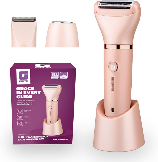 Geepas 3 - in - 1 Waterproof Lady Shaver Set | Wet & Dry Rechargeable Electric Razor for Women with Facial Hair & Body Trimmer Heads | Cordless Portable LED Indicator | USB Charging, Gift for Women - Al Kabayel Discount CentreGeepas 3 - in - 1 Waterproof Lady Shaver Set | Wet & Dry Rechargeable Electric Razor for Women with Facial Hair & Body Trimmer Heads | Cordless Portable LED Indicator | USB Charging, Gift for WomenTrimmerGEEPASAl Kabayel Discount Centre
