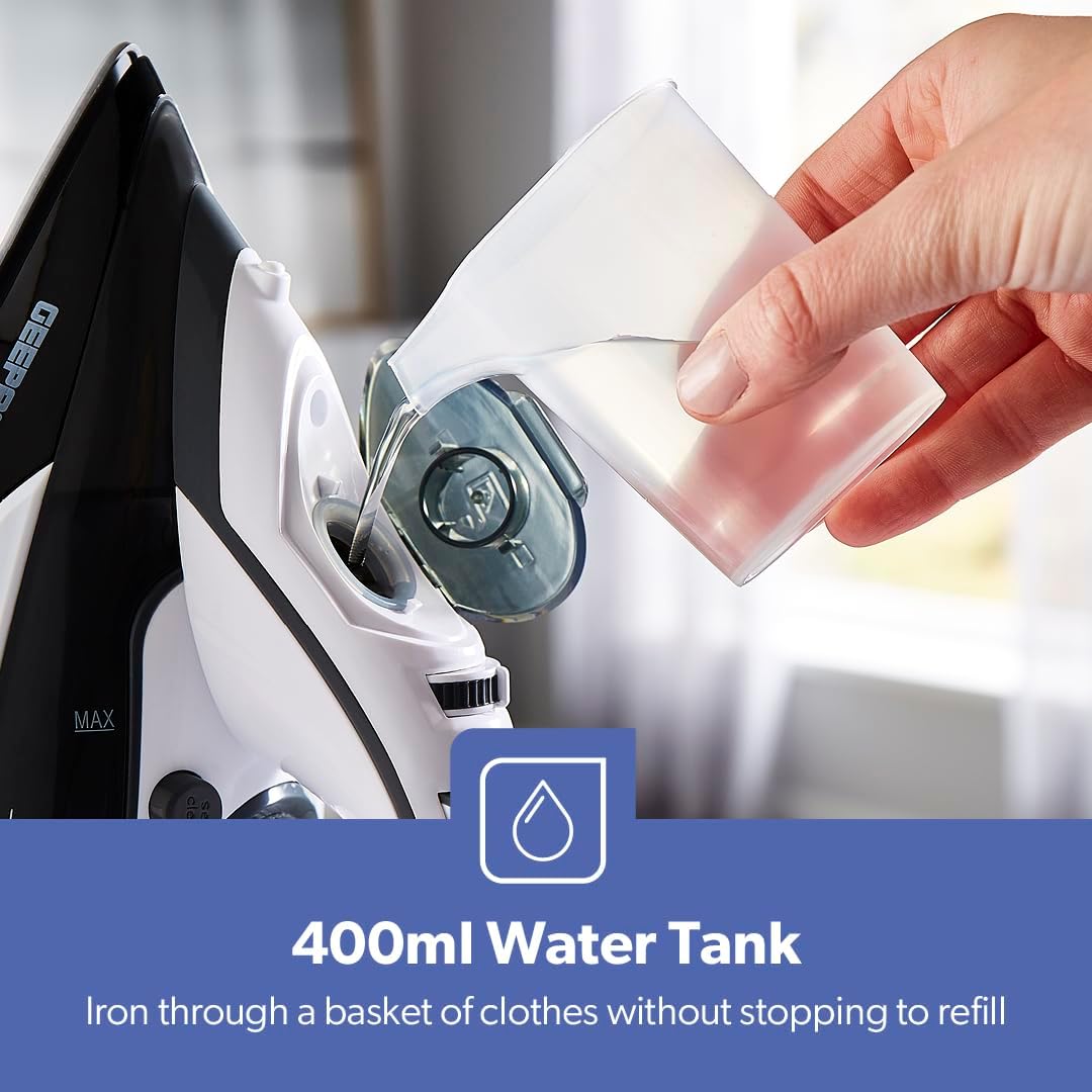 Geepas Ceramic Steam Iron, Temperature Control, Gsi24025 Ceramic Sole Plate, Wet And Dry Self Cleaning Function Powerful Steam Burst 480ML Water Tank - Al Kabayel Discount CentreGeepas Ceramic Steam Iron, Temperature Control, Gsi24025 Ceramic Sole Plate, Wet And Dry Self Cleaning Function Powerful Steam Burst 480ML Water TankIrons & SteamersGEEPASAl Kabayel Discount Centre