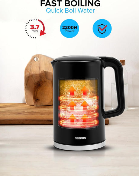 Geepas Double Layer Kettle, Black, GK38052|1.7L Digital Display Kettle Dry Boiling Protecction/Quick Boil Water, Tea and Coffee Maker - 2200 Watts - Al Kabayel Discount CentreGeepas Double Layer Kettle, Black, GK38052|1.7L Digital Display Kettle Dry Boiling Protecction/Quick Boil Water, Tea and Coffee Maker - 2200 WattsElectric KettlesGEEPASAl Kabayel Discount Centre