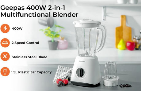 Geepas Geepas - Powerful 600W Powerful Motor Multi - functional 2 in 1 Blender with 2 Speed & Pulse Option|GSB44027T (1.8L) - Al Kabayel Discount CentreGeepas Geepas - Powerful 600W Powerful Motor Multi - functional 2 in 1 Blender with 2 Speed & Pulse Option|GSB44027T (1.8L)Blenders, Mixers & Food ProcessorsGEEPASAl Kabayel Discount Centre