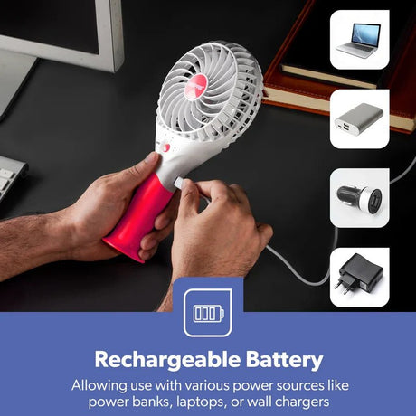 Geepas GF9617 Rechargeable Mini Fan – 3 Speed Portable Handheld Fan with 3.7V (Orange/Blue/Green/Pink) - Al Kabayel Discount CentreGeepas GF9617 Rechargeable Mini Fan – 3 Speed Portable Handheld Fan with 3.7V (Orange/Blue/Green/Pink)Mini FansGEEPASAl Kabayel Discount Centre