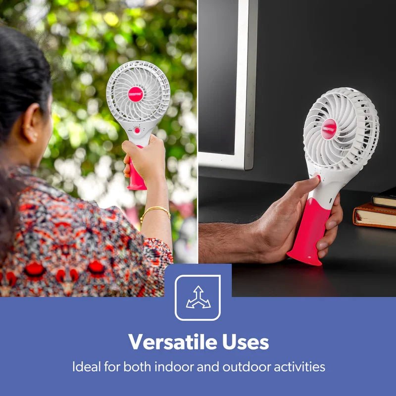 Geepas GF9617 Rechargeable Mini Fan – 3 Speed Portable Handheld Fan with 3.7V (Orange/Blue/Green/Pink) - Al Kabayel Discount CentreGeepas GF9617 Rechargeable Mini Fan – 3 Speed Portable Handheld Fan with 3.7V (Orange/Blue/Green/Pink)Mini FansGEEPASAl Kabayel Discount Centre