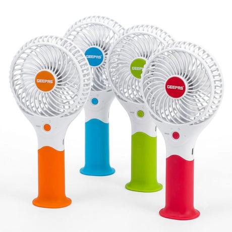 Geepas GF9617 Rechargeable Mini Fan – 3 Speed Portable Handheld Fan with 3.7V (Orange/Blue/Green/Pink) - Al Kabayel Discount CentreGeepas GF9617 Rechargeable Mini Fan – 3 Speed Portable Handheld Fan with 3.7V (Orange/Blue/Green/Pink)Mini FansGEEPASAl Kabayel Discount Centre