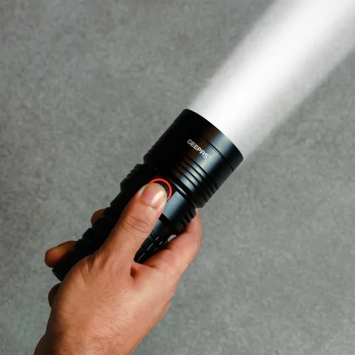 Geepas GFL51044 LED Flashlight with Built - in Power Bank | Waterproof Rechargeable Torch | Black Color | Ideal for Outdoor Adventures - Al Kabayel Discount CentreGeepas GFL51044 LED Flashlight with Built - in Power Bank | Waterproof Rechargeable Torch | Black Color | Ideal for Outdoor AdventuresHandheld FlashlightsGEEPASAl Kabayel Discount Centre